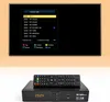 A satellite receiver and remote control are shown below a television screen displaying a channel list. Produktbild-Vorschau