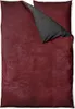 A folded duvet cover and pillowcase set, showing the burgundy side of the duvet cover and the gray side of the pillowcase.