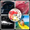A collage of images showing a car interior, a scratched car door, a car headlight, and a person kayaking. A central inset shows a plastic welding tool with accessories. Produktbild-Vorschau