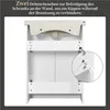 Back view of a white bathroom vanity cabinet with a ceramic sink basin on top, showing how to attach it to the wall with screws and wall anchors. Produktbild-Vorschau