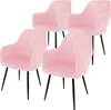 Four pink dining chairs with black legs are arranged on a white background. Náhled obrázku produktu