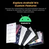 Marketing image for Android 14 featuring the Android robot logo and screenshots of the operating system. Anteprima dell’immagine prodotto