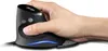 A hand is holding a black vertical mouse with blue LED lighting. Produktbild-Vorschau