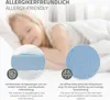 A child sleeping on a bed, with close-up insets showing mattress material and ventilation. Produktbild-Vorschau