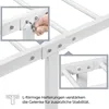 Close-up of a white metal bed frame assembly, showing a hand using an Allen wrench to tighten a screw on a bracket. Inset images highlight specific connection points. Produktbild-Vorschau