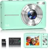A mint green digital camera with accessories displayed below it. Produktbild-Vorschau
