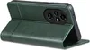 A green leather flip case for a smartphone is shown from a side-angle, with the phone inserted and the case opened to reveal the camera module. Produktbild-Vorschau