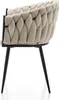 A side view of a beige upholstered chair with a black metal frame. Podgląd zdjęcia produktu