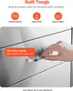 Close-up of a brushed stainless steel drawer with a silver handle, with a hand reaching for it. Text overlays describe product features. Produktbild-Vorschau