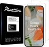 A product shot of a phone screen protector packaging and the screen protector itself on a phone. Produktbild-Vorschau