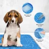 A beagle puppy sits on a blue cooling mat with water-like patterns. Circular insets highlight product features. Produktbild-Vorschau