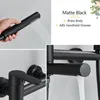 A collage of images showing a matte black bathtub faucet and showerhead. Produktbild-Vorschau