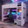 A loft bed with a desk and gaming chair underneath, illuminated by LED lights. Náhled obrázku produktu