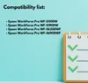 A list of compatible Epson printer models is displayed on a light blue background, with a stylized notepad graphic on the right side. Produktbild-Vorschau
