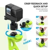 A black action camera is mounted on a green accessory, with diagrams showing how to attach it. Produktbild-Vorschau