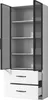 An open white cabinet with glass doors and black frames, showing shelves and two open drawers. Anteprima dell’immagine prodotto