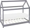 A grey house-shaped bed frame with a white mattress and wooden slats, shown against a white background.