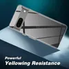 A clear phone case is shown on a light blue surface with a dark blue background. Produktbild-Vorschau
