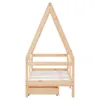 A wooden children's bed frame with a triangular roof structure and a pull-out drawer underneath, shown from the side against a white background. Produktbild-Vorschau