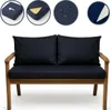 A set of navy blue cushions for an outdoor bench, shown with close-up details of the cushion cover and water droplet resistance. Anteprima dell’immagine prodotto