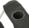 A close-up view of a black camping chair with a built-in cup holder. Náhled obrázku produktu