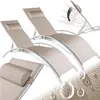 Two beige lounge chairs with silver frames are shown on a white background, with a close-up of one chair and water droplets in the foreground. Produktbild-Vorschau