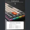 A close-up view of a mechanical keyboard with colorful RGB lighting and a diagram illustrating shortcut keys for light adjustments. Produktbild-Vorschau