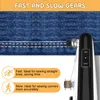 A close-up of a sewing machine stitching denim fabric, with text overlays describing its features. Produktbild-Vorschau