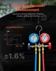 A close-up of a refrigerant manifold gauge set with a graph and text overlays highlighting its features. Voir les images du produit