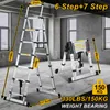 Two ladders are shown in an indoor setting, one extended and one folded. Dimensions and weight capacity are highlighted with text overlays. Anteprima dell’immagine prodotto