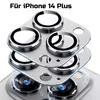A close-up, layered view of camera lens protectors for an iPhone 14 Plus, with a hint of the phone's camera lenses visible below. Produktbild-Vorschau