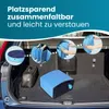 The trunk of a car is shown with a folded blue dog pool and a black bag. Inset circular images show the pool in different stages of folding and a close-up of its inflated state. Produktbild-Vorschau