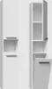 Two white bathroom cabinets shown against a white background. One cabinet is closed, and the other is open, revealing shelves and a laundry basket. Náhled obrázku produktu