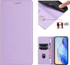 Collage of images showing a purple leather phone case with card slots and a stand function, and a phone inside the case. Produktbild-Vorschau