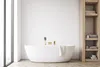 A modern bathroom with a freestanding bathtub and a wooden shelving unit. Produktbild-Vorschau