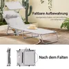 A folded and unfolded sun lounger are shown, with text overlays describing features. Produktbild-Vorschau