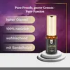 A small bottle of perfume is displayed on a white pedestal against a purple background with text highlighting product features. Produktbild-Vorschau