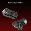 Two dark gray metal mounts with a GoPro-like interface and a 1/4 inch screw hole are shown against a dark red and black gradient background. Text at the top describes the product's features. Produktbild-Vorschau