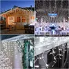 A collage of four images showing icicle string lights used for decoration in various settings, including a wooden house, a wedding reception, a Christmas tree, and a close-up of the lights. Produktbild-Vorschau
