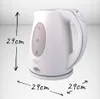 A white electric kettle with dimensions indicated by text overlays. Voir les images du produit