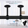 Two black curtain pole brackets are shown mounted on a black pole, with text overlays describing features. Produktbild-Vorschau