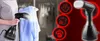 A person is holding a portable garment steamer next to a blue shirt, with icons and a larger image of the steamer on the right side. Produktbild-Vorschau