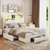 A bedroom scene featuring a bed with storage drawers and a headboard with integrated lighting. Podgląd zdjęcia produktu