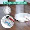 A white robot vacuum cleaner is shown on a wooden floor, with close-up insets detailing its mop pads and internal components. Produktbild-Vorschau