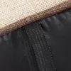 A close-up view of the texture and stitching of an outdoor cushion, showing the beige linen fabric, a brown woven trim, and black mesh material. Produktbild-Vorschau