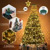 An instructional image showing how to set up a star-shaped LED light string for a Christmas tree, with close-ups of the setup process and the final decorated tree. Náhled obrázku produktu