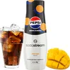 A bottle of SodaStream Pepsi Max Mango syrup and a glass of cola with ice are displayed next to a sliced mango. Produktbild-Vorschau