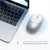 A silver wireless mouse is placed next to a laptop keyboard, with a blue circular graphic indicating wireless connectivity. Produktbild-Vorschau