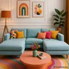 A bright and colorful living room scene with a light blue sectional sofa, a coral coffee table, and abstract art on the wall. Produktbild-Vorschau