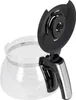 A clear glass coffee pot with a black lid and silver handle. Voir les images du produit